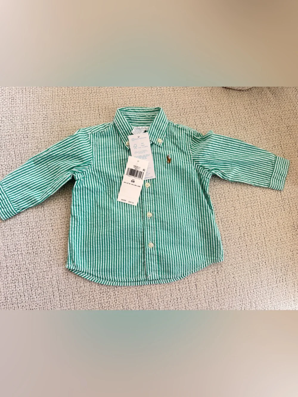 Ralph Lauren Green & White Striped Cotton Button-Down Shirt - Baby